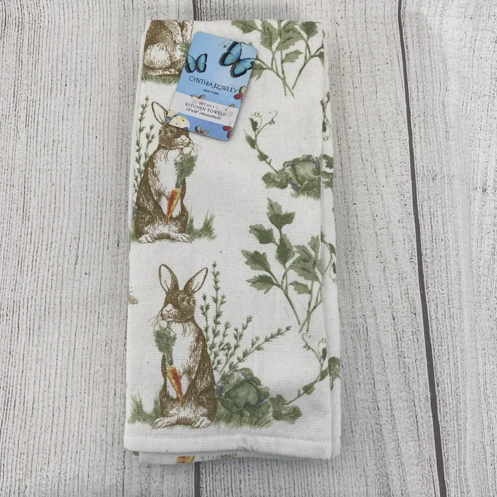 Cynthia Rowley Kitchen Towels (Set of 3) White Green Gingham Floral Bunny Easter